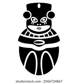 Pre Columbian egg shape idol from ancient Peru. Chancay culture. Stylized human figurine. Indigenous symbol. Black and white silhouette.