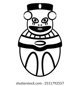 Pre Columbian egg shape idol from ancient Peru. Chancay culture. Stylized human figurine. Indigenous symbol. Black and white silhouette.