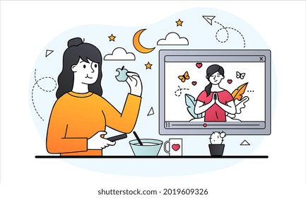 Pre dawn meal concept. Sahur or Iftar. Woman eats healthy food and watches program about a healthy lifestyle on TV. Evening meal. Cartoon doodle flat vector illustration isolated on a white background