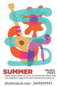 pre historic music concept. colorfull primitive drawing mascot playing accoustic guitar. summer music festival template poster vector illustration