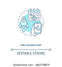 Symbol für das App-Konzept vor dem Start Tipps für das App-Marketing. Testanwendung vor dem zugewiesenen Datum testen. Demoversion der Produktidee dünne Illustration. Vektorgrafik einzeln Umriss RGB Farbzeichnung. Bearbeitbarer Hub