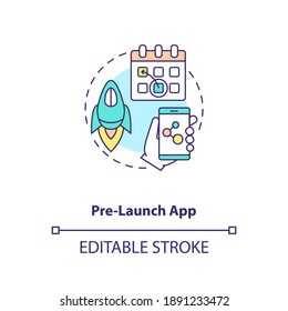 Symbol für das App-Konzept vor dem Start Tipps für das App-Marketing. Produktion vor dem zugewiesenen Datum. Demoversion der Anwendungs-Idee dünne Linie Illustration. Vektorgrafik einzeln Umriss RGB Farbzeichnung. Bearbeitbarer Hub