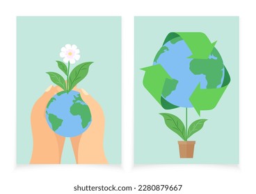 Pre made A3 banners for World Earth Day. Earth planet with flowers in hands.