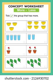 pre math concept worksheet. Learning mathematics numbers.  more, less. Kids activity sheet, more less learning worksheet.