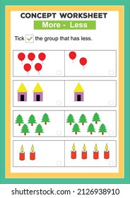 pre math concept worksheet. Learning mathematics numbers.  more, less. Kids activity sheet, more less learning worksheet.

