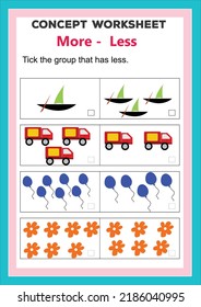 pre math concept worksheet. Learning mathematics numbers. more, less. Kids activity sheet, more less learning worksheet.