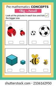 Pre math concepts. Big small. educational children game. Kids activity sheet, big small worksheet.