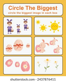 Pre math concepts. Circle the biggest object in each box. Printable activity page for kids. Educational children game. Kids activity sheet. Preschool worksheet. Vector file