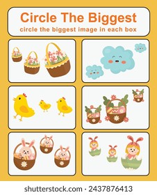 Pre math concepts. Circle the biggest object in each box. Printable activity page for kids. Educational children game. Kids activity sheet. Preschool worksheet. Vector file