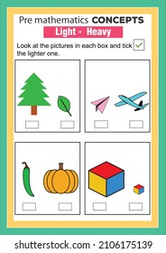 Pre math concepts. Heavy light. educational children game. Kids activity sheet, heavier and lighter weight object learning worksheet.