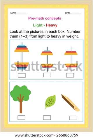Pre math concepts. heavy light. Kids activity sheet, heavy light learning worksheet. Education developing worksheet. Game for kids. Activity page. Puzzle for children. Riddle for preschool. 
