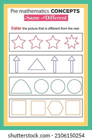 Pre math concepts. same and different. educational children game. Kids activity sheet, color the picture that is different.
