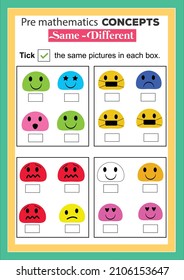 Pre math concepts. same and different. educational children game. Kids activity sheet, tick the same pictures in each box.