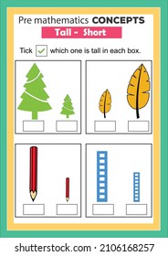 Pre math concepts. Tall short. educational children game. Kids activity sheet, tall short learning worksheet.