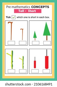 Pre math concepts. Tall short. educational children game. Kids activity sheet, tall short learning worksheet.
