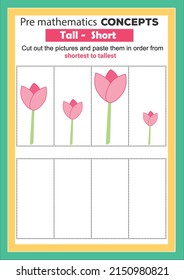 Pre math concepts. Tall short cut and paste activity sheet, Education developing worksheet. Game for kids. Activity page.
 Puzzle for children. Riddle for preschool.

