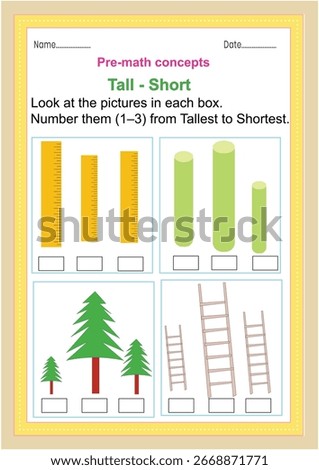 Pre math concepts. Tall short. Kids activity sheet, tall short learning worksheet. Education developing worksheet. Game for kids. Activity page. Puzzle for children. Riddle for preschool.