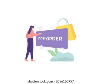 pre order concept. shopping or ordering an item. illustration of a female buyer who wants to touch the pre-order board. flat cartoon style. vector design