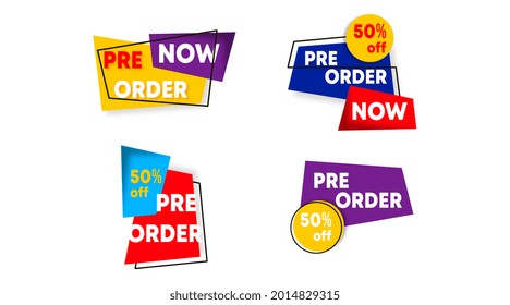 Vector de stock de plantilla de etiqueta de pedido previo. Etiqueta de prepedido para banner web y volante en línea de evento de gran venta