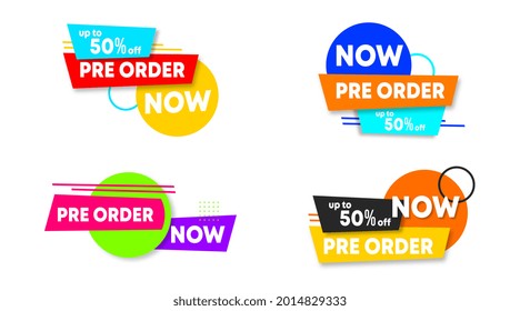 Vector de stock de plantilla de etiqueta de pedido previo. Etiqueta de prepedido para banner web y volante en línea de evento de gran venta