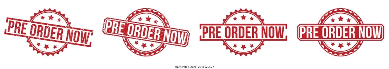 Pre Order Now rote Gummimarke auf weißem Hintergrund. Jetzt Gummistempel vorbestellen.