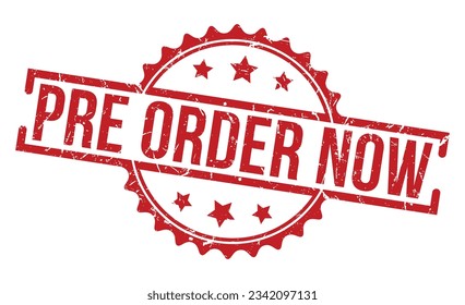 Pre Order Now red rubber stamp on white background. Pre Order Now Rubber Stamp.