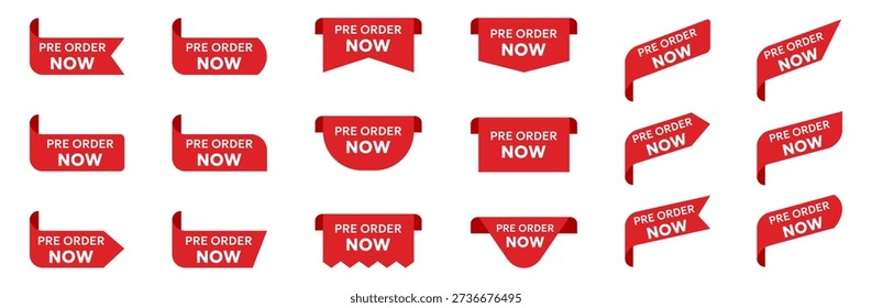 Pre order now ribbon labels collection in red style. Promotional call to action banners in flat design