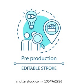 Pre production concept icon. Video planning idea thin line illustration. Audience research. Location scouting. Cinematography. Casting. Film making.Vector isolated outline drawing. Editable stroke
