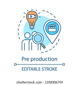 Pre Production Concept Icon. Video Planning Idea Thin Line Illustration. Audience Research. Location Scouting. Screenplay Idea. Casting. Film Making.Vector Isolated Outline Drawing. Editable Stroke