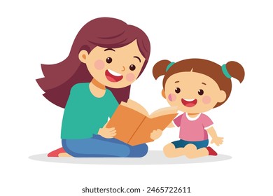Pre school age girl laughs happily while sitting with her mom reading a story book, flat vector illustration on white background