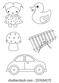 Pre school kids coloring book page / worksheet with beautiful line art illustrations of toys isolated on white background