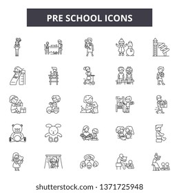 Pre school line icons, signs set, vector. Pre school outline concept, illustration: child,dehappy,kid,preschool,play