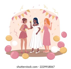 Pre wedding party for bride 2D vector isolated illustration. Wife-to-be with bridesmaids flat characters on cartoon background. Colourful editable scene for mobile, website, presentation