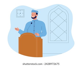 Predicador transmite conocimiento religioso en el púlpito de la mezquita, ilustración vectorial musulmana.