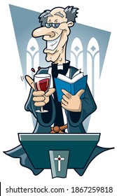 Preacher man drinking red wine at the pulpit. Vector illustration.