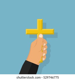 Preacher, a man who believes in God holds a cross in hand. Religious cross flat design style. Vector illustration. Catholic, Christian. Sunday service. Space for text, prayer.