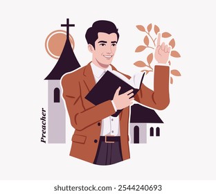 Hombre del predicador, sacerdote joven o ministro que da el sermón del discurso de la iglesia religiosa, libro de lectura del pastor, diseño moderno para la revista del arte, blog, anuncio gráfico, ilustración digital de las redes sociales