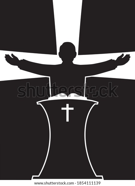 A preacher in silhouette is standing at his\
pulpit with his arms\
outspread