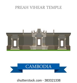 Preah Vihear Hindu Temple in Cambodia. Flat cartoon style historic sight showplace attraction web site vector illustration. World countries cities vacation travel sightseeing Asia collection.