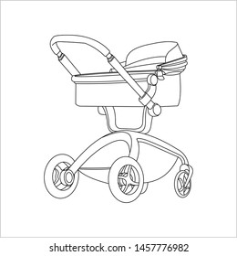 Preambulator. Outline Stroller For Boy or Girl. For Coloring Book For Kids or Adults. Modern flat Vector Image Isolated on white background.