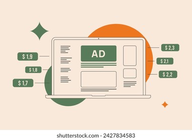 Prebid - header bidding technology enhances programmatic advertising monetization. Boost transparency and maximizes revenue for ads publishers. Outline isolated vector illustration on white background