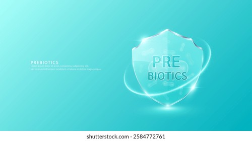 Prebiotic bacteria in translucent glass shield modern surrounded by glowing ring. Good bacterial flora for stomach intestine. Health care immunity. For design dietary supplement products ads. Vector.