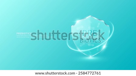 Prebiotic bacteria in translucent glass shield modern surrounded by glowing ring. Good bacterial flora for stomach intestine. Health care immunity. For design dietary supplement products ads. Vector.
