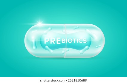 Verde prebiótico em cápsula translúcida. Boa flora bacteriana para o estômago e intestino. Biologia lactobacillus Apoio à imunidade dos cuidados de saúde. Nutrição saudável. Vetor.