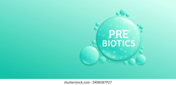 Prebiotics green drop water. From natural fruits vegetables. Good bacterial flora for stomach and intestine. Create balance for the gut. Health care nutrition. Banner empty space for text. Vector.