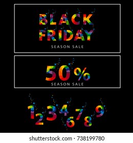 Pre-black Friday Sale banner with abstract elements. A bright, beautiful inscription with confetti and stars on a black background. And the collection of all numbers from 0 to 9. vector illustration