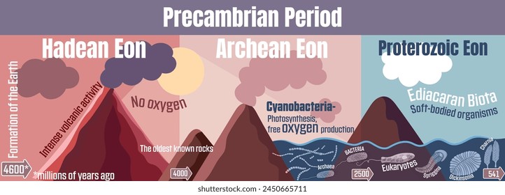 Periodo Precámbrico: Línea de tiempo geológica que abarca desde el Aeon Hadeano, a través del Aeon Arqueano, hasta el Aeon Proterozoico, lo que conduce a la aparición de la biota ediacaran