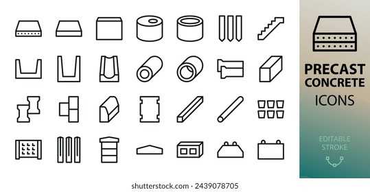 Precast reinforced concrete isolated icons set. Set of concrete slab, drainage tray, well ring, culvert pipe, road kerb, paving slabs, foundation block, concrete piles, fence panel, power pole icon