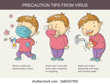 precaution tips from virus, cartoon illustration