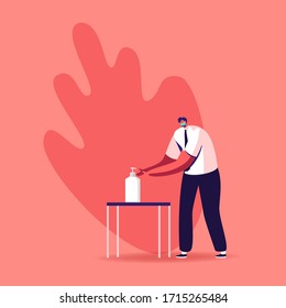 Precautionary Hygienic Measures, Coronavirus Protection Concept. Man Character Washing Hands with Antibacterial Soap, Disinfectant, Sanitizer to Protect of Bacteria Cells. Cartoon Vector Illustration